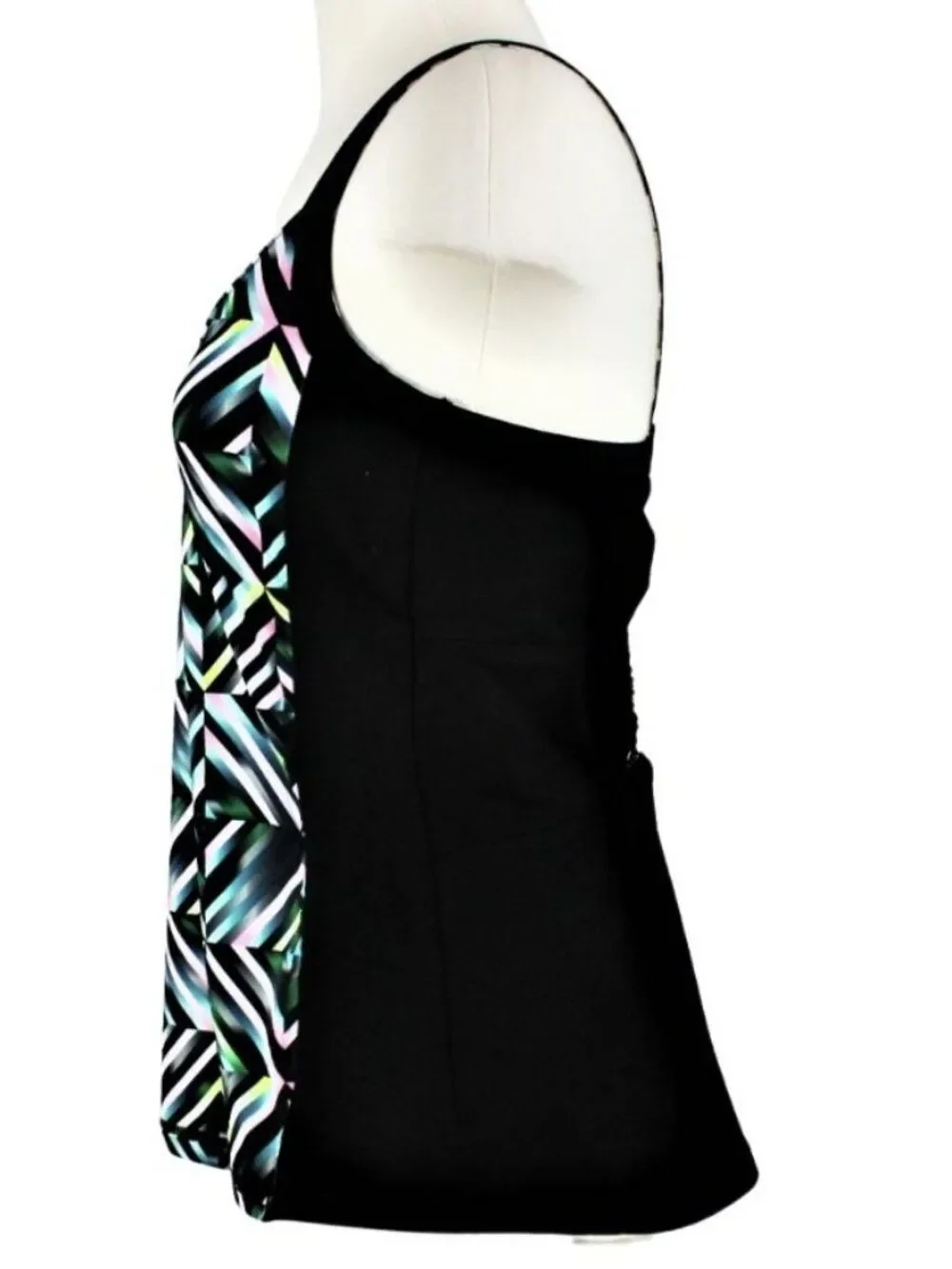 Swim Tankini Top Only Cut-Out Back Slimming Side Panel-Black Multicolor Size M